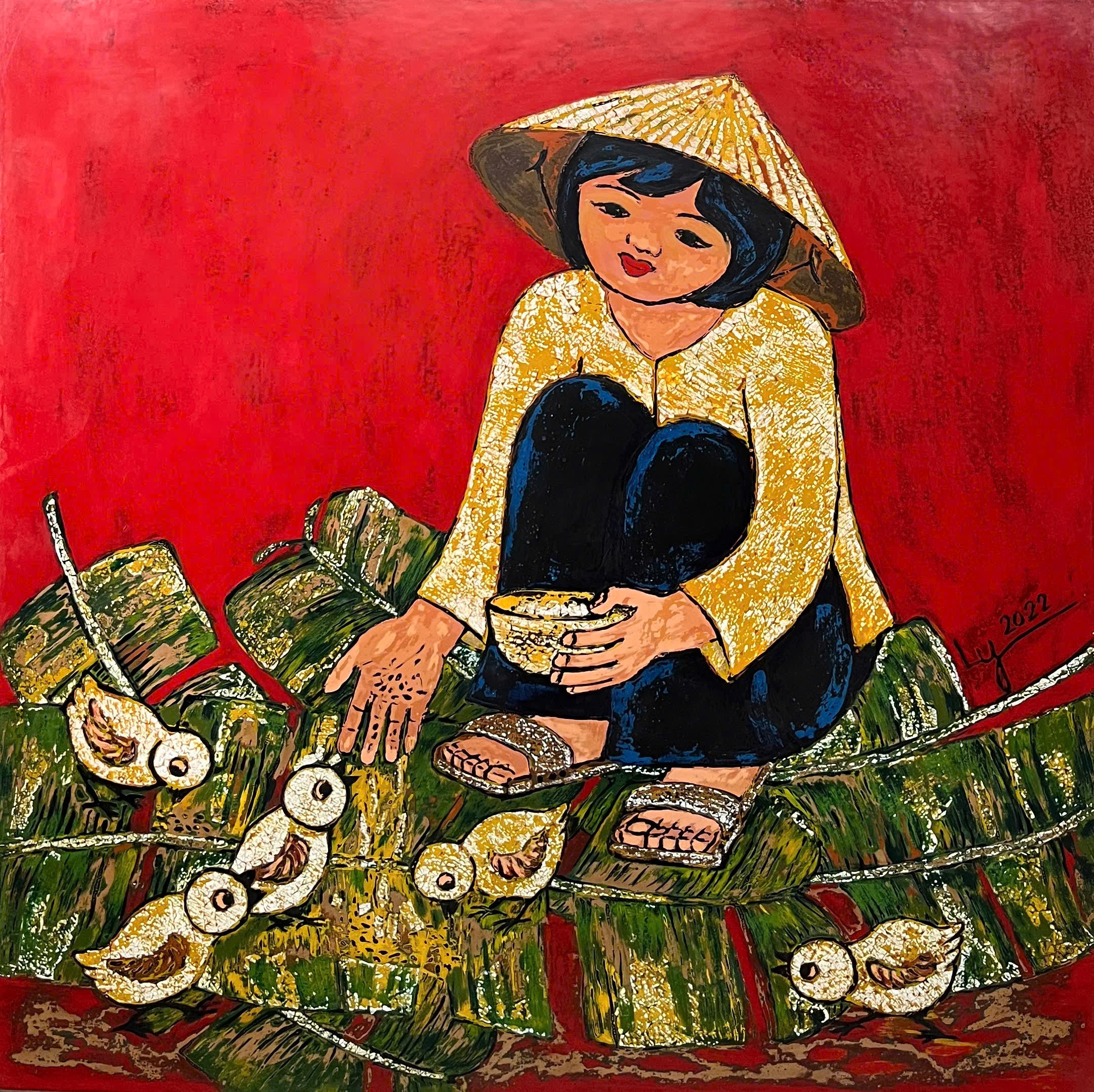 Tác phẩm “Bé và đàn gà con” của hoạ sĩ Trương Thị Bích Ly