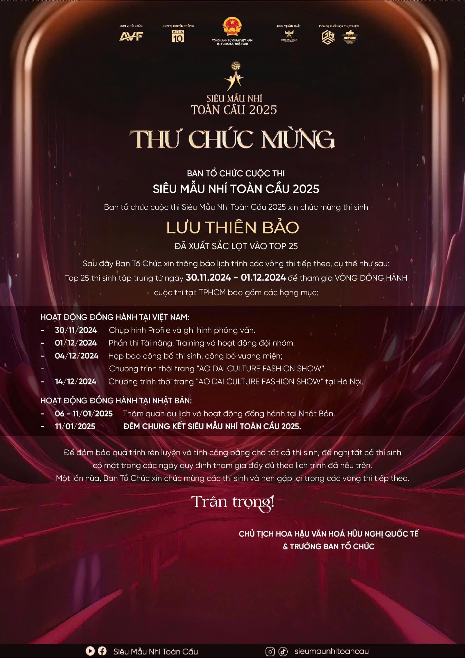 Thiên Bảo với loạt thành tích, trong đó có top 25 Siêu mẫu Nhí Toàn cầu 2025 và top 100 Siêu mẫu Nhí